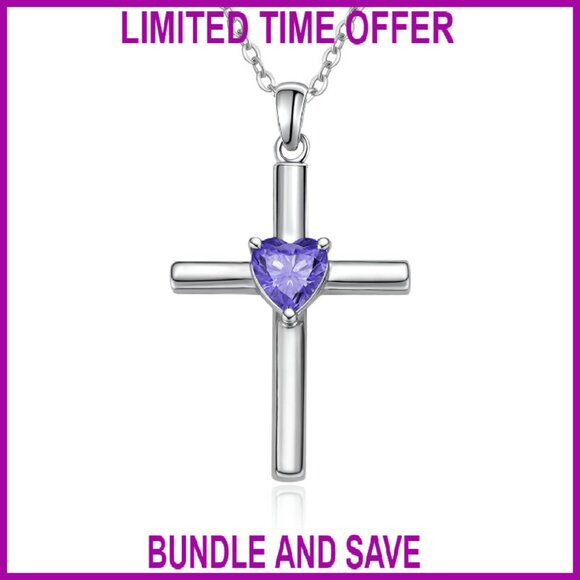 925 Sterling Silver Heart Cross Birthstone Necklace Adjustable 18+2
